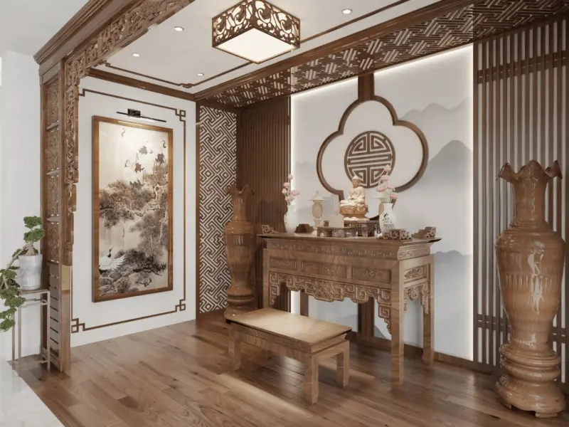 Bên trong gian thờ – bàn thờ gỗ chạm khắc tinh xảo, tranh sơn dầu phong cảnh núi sông treo tường, bình gốm lớn trang trí hai bên