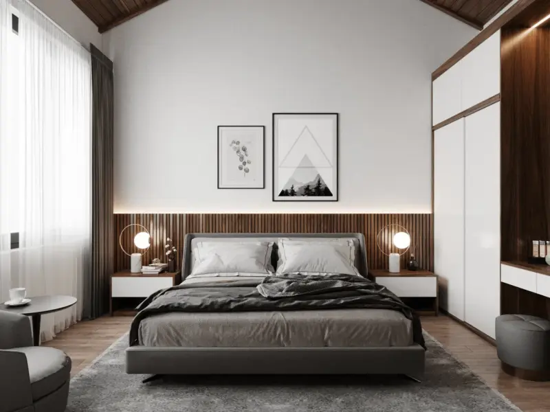 Chính diện phòng ngủ phụ hiện đại – vách đầu giường lát dọc LED viền ẩn, đèn bàn vòng tròn vàng đồng đối xứng, tranh hình học tối giản, trần mái vòm nhọn