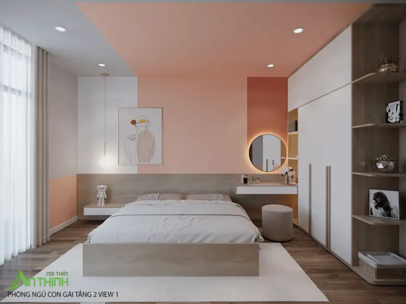 Góc nhìn 2 phòng ngủ con gái – tủ trắng cao kết hợp khe LED ấm, bàn trang điểm tích hợp gương LED oval, cửa kính mờ trang trí