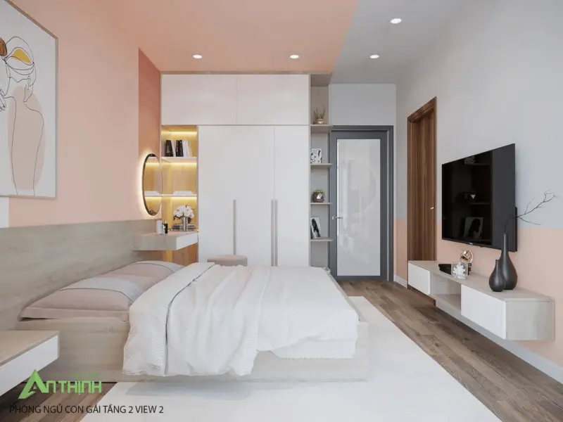 Góc nhìn 2 phòng ngủ con gái – tủ trắng cao kết hợp khe LED ấm, bàn trang điểm tích hợp gương LED oval, cửa kính mờ trang trí
