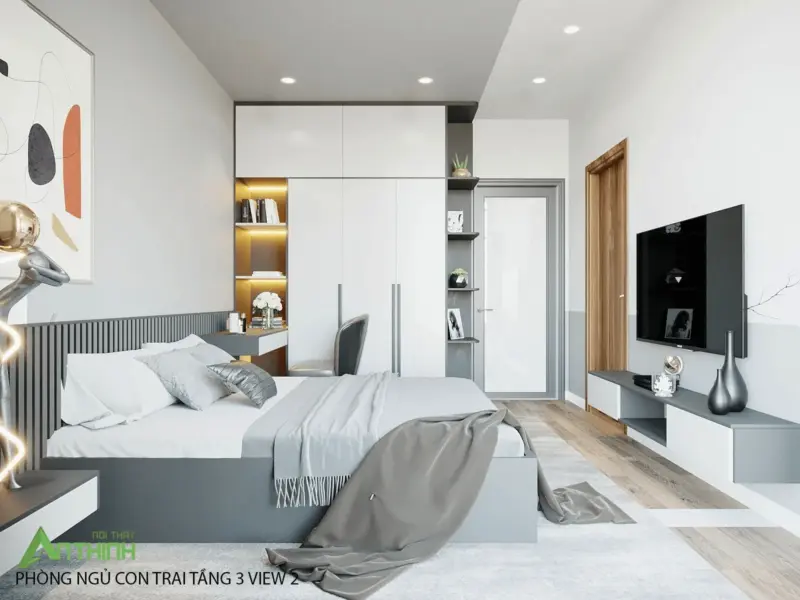 Góc nhìn 2 phòng ngủ con trai – tủ trắng kết hợp xám, kệ sách LED ấm, bàn học tích hợp ghế gaming, tivi kệ nổi gỗ, cửa kính mờ trang trí