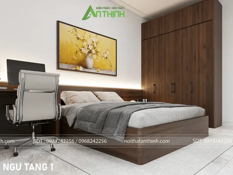 Góc nhìn rộng phòng ngủ tầng 1 – tủ quần áo gỗ óc chó cao kịch trần, giường platform thấp tạo cảm giác không gian mở thoáng