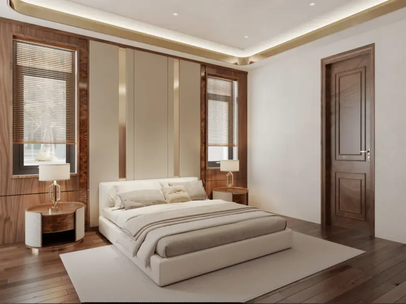 Góc nhìn thứ 2 phòng ngủ phụ 2 – cửa sổ hai bên tràn sáng, đầu giường burl vàng làm trọng tâm, bàn đầu giường tròn gỗ chân vàng