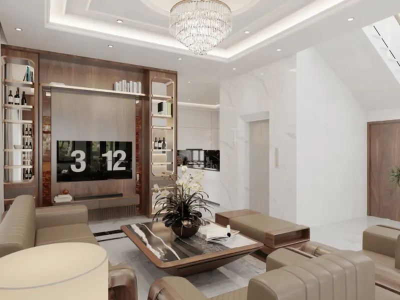 Góc nhìn thứ 3 phòng khách – kệ tivi và tủ rượu nhìn liền cầu thang đá trang, thấy rõ sự liên thông giữa các không gian