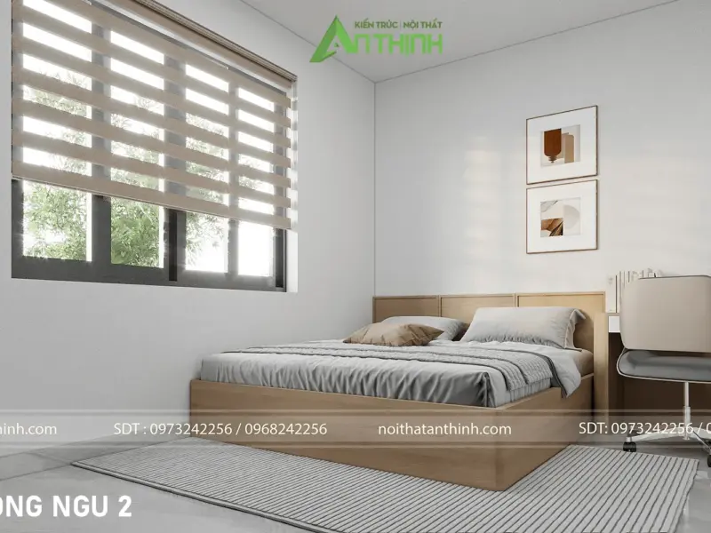 Góc nhìn thứ hai phòng ngủ 2 – không gian trắng sáng tối giản, giường gỗ maple sáng, bàn học cạnh cửa sổ đón ánh tự nhiên