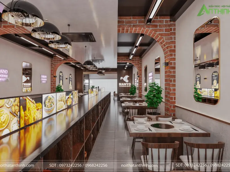 Góc nhìn từ quầy buffet – màn hình LED món ăn rực rỡ, gương dài trang trí, vòm gạch đỏ, bàn lẩu đơn cho nhóm nhỏ bên phải