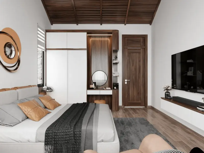 Góc đối diện phòng ngủ phụ 3 – tủ quần áo trắng cao, bàn trang điểm gỗ tích hợp gương tròn đồng son, kệ trang trí, tivi Sony treo tường