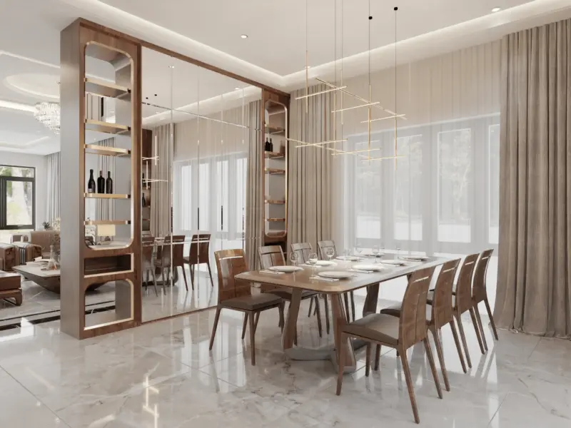 Phòng ăn 8 chỗ trang trọng – bàn gỗ óc chó lớn, ghế tựa cong tinh tế, đèn thả thanh vàng đồng, vách kính tủ rượu phân cách với phòng khách