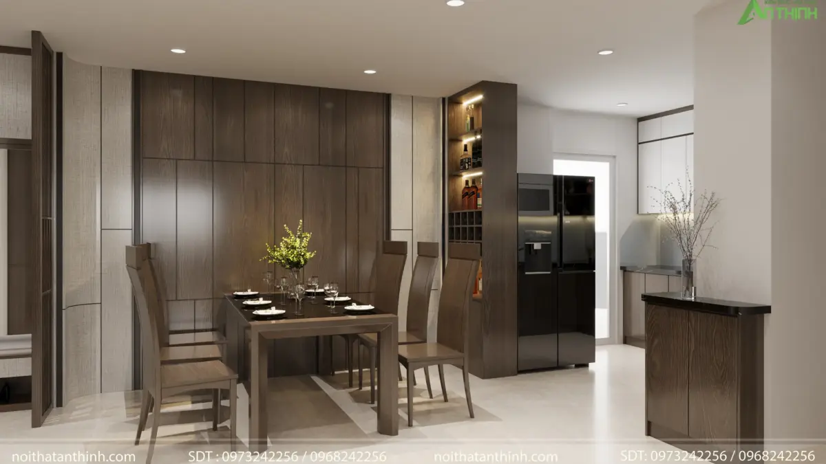 Phòng ăn ấm cúng với bộ bàn ghế gỗ 6 chỗ, tủ rượu âm tường có đèn chiếu, vách gỗ trang trí phía sau