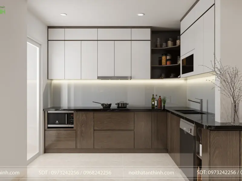 Góc nhìn phòng bếp từ cửa sổ, làm nổi bật bố cục chữ L gọn gàng, tận dụng tối đa diện tích và ánh sáng tự nhiên