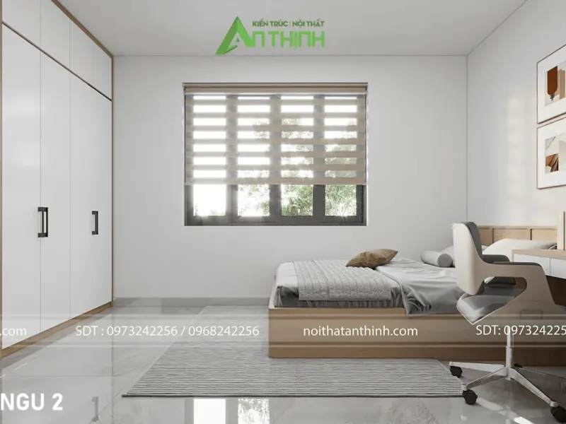 Phòng ngủ 2 tối giản sáng sủa – tủ quần áo trắng cao kịch trần, giường gỗ sáng, bàn học tích hợp, tranh hình học đất nung trang trí góc phòng