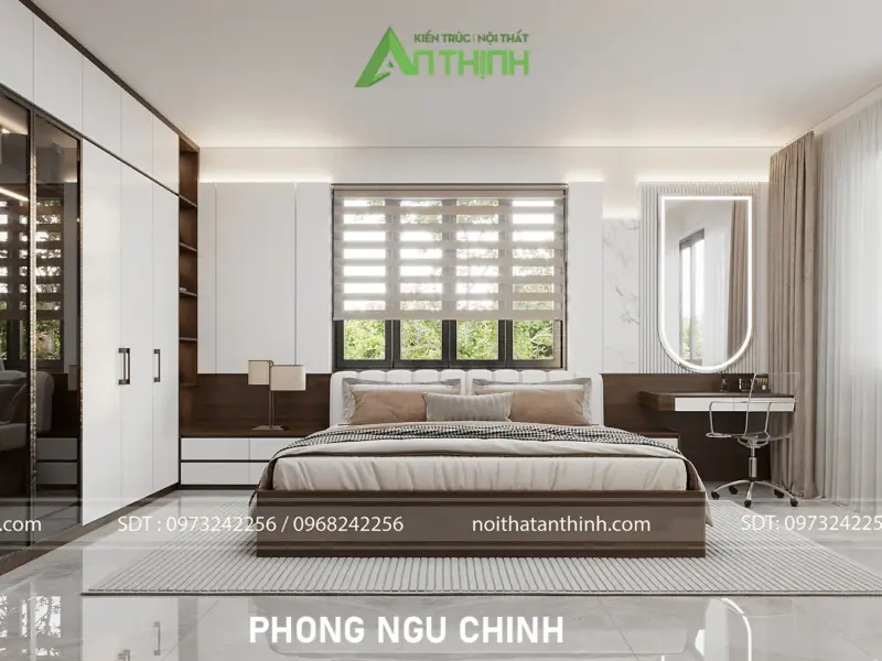 Phòng ngủ chính nhìn từ góc tủ – tủ quần áo 4 cánh kết hợp kính gương, bàn trang điểm gương LED oval, cửa sổ kính lớn tràn sáng tự nhiên