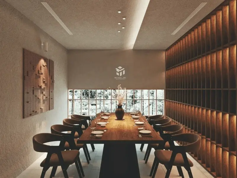 Phòng VIP sang trọng – bàn ăn gỗ nguyên khối 10 chỗ, vách kệ gỗ sồi LED vàng ấm chạy dọc, cửa sổ lớn nhìn ra vườn cây xanh mát