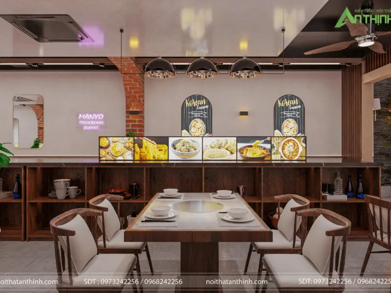 Quầy trưng bày món ăn buffet – màn hình LED hình món ăn hấp dẫn, tường gạch đỏ thô, đèn chao kim loại đen công nghiệp thả trần