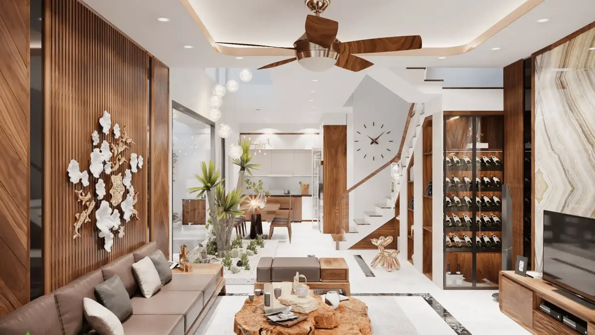 Thiết kế nội thất biệt thự chị Hà – Kim Nỗ: Tiểu Cảnh Thông Tầng Giữa Lòng Ngôi Nhà