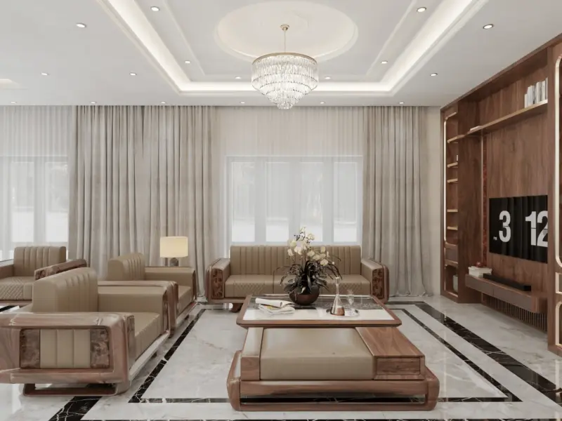 Toàn cảnh phòng khách từ góc rộng nhất – bộ sofa gỗ óc chó 3+1+1 đầy đủ, sàn marble đen trắng viền sang trọng, trần thạch cao giật cấp