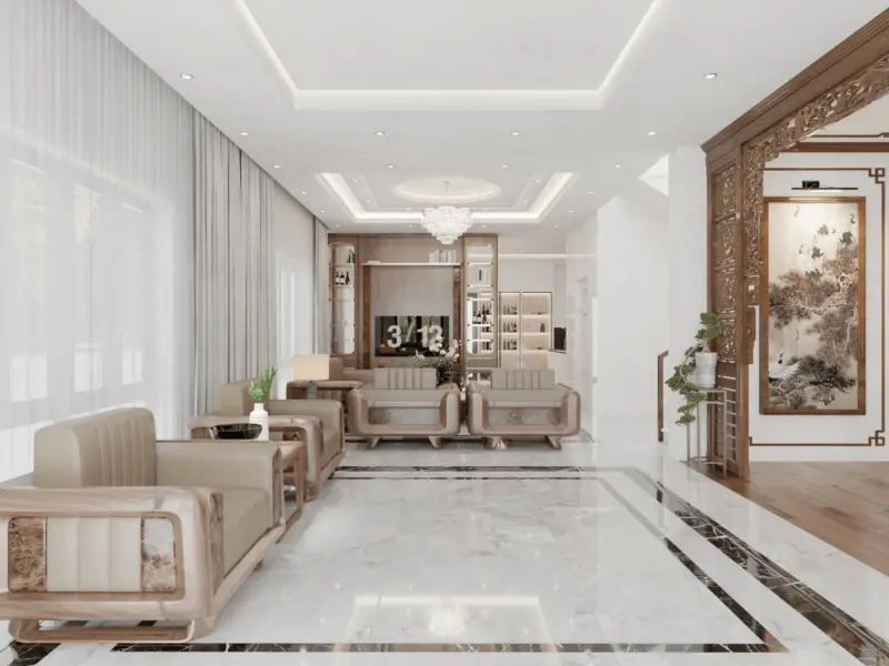 Toàn cảnh phòng khách và lối vào – sàn marble trắng viền đen, bộ sofa gỗ óc chó dài, vách ngăn gỗ chạm khắc kết hợp tranh thủy mặc Á Đông