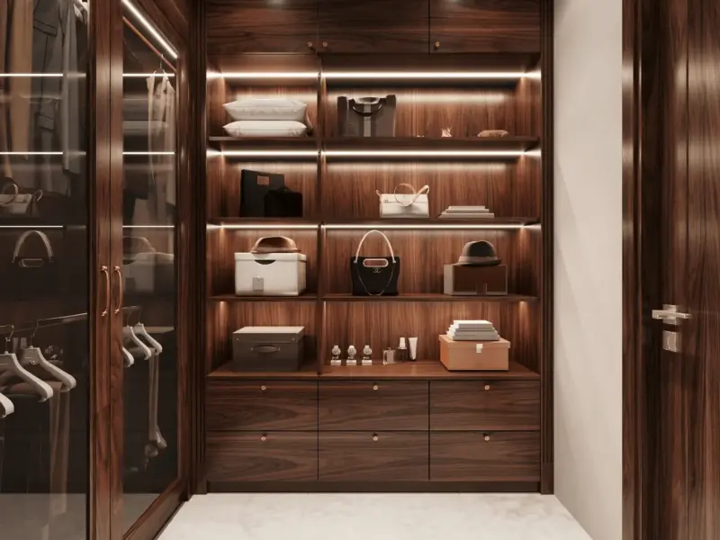 Walk-in closet toàn cảnh – kệ mở nhiều tầng gỗ óc chó đèn LED viền ấm, trưng bày túi cao cấp, hộp phụ kiện, hệ tủ kéo thấp, sàn marble trắng sang trọng