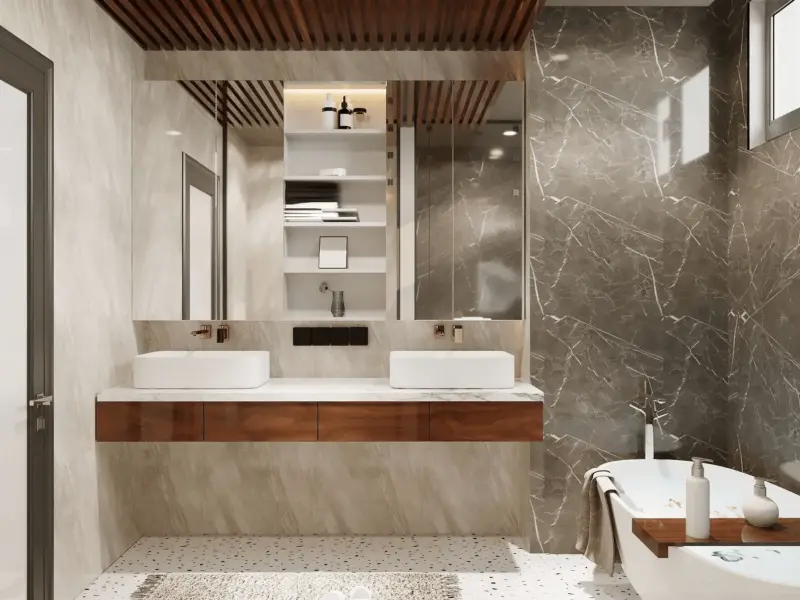 WC master – bàn lavabo đôi gỗ óc chó, bồn ngâm terrazzo hạt tròn, tường ốp marble xám, trần lát dọc gỗ theo phong cách Nhật