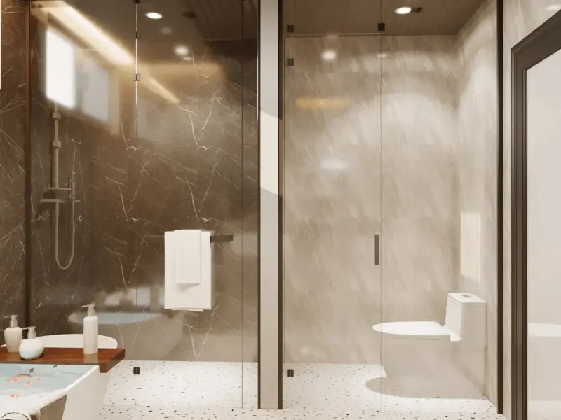 WC master phòng tắm kính – phòng tắm đứng kính full, toilet riêng kính mờ, sàn terrazzo hạt, tường marble xám, trần gỗ lát dọc